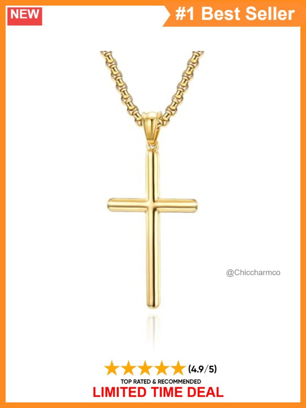 18K Gold Plated Cross Necklace 24" Pearl Chain Tarnish-Resistant
